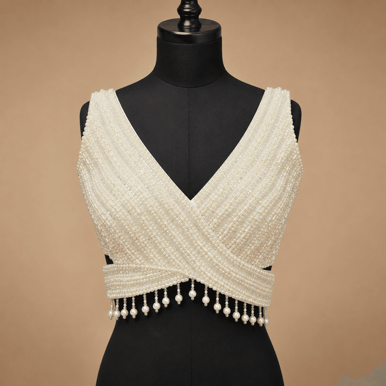 Ivory Pearl Draped V-Neck Designer Blouse