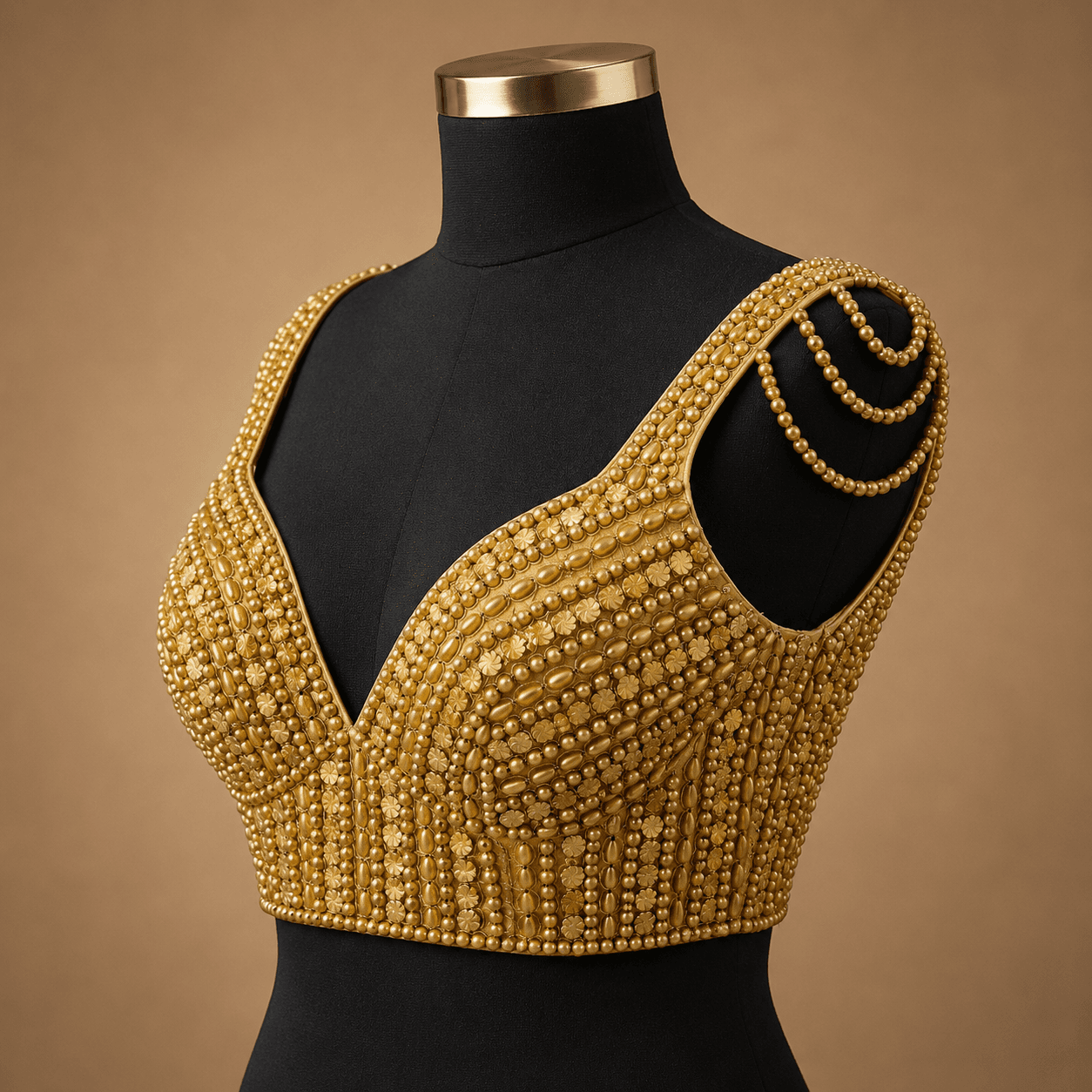 Gold Pearl Studded Strappy Designer Blouse