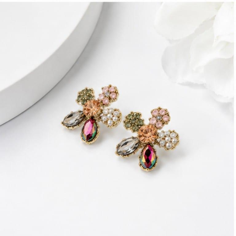 Pink Stone Floral Drop Earrings
