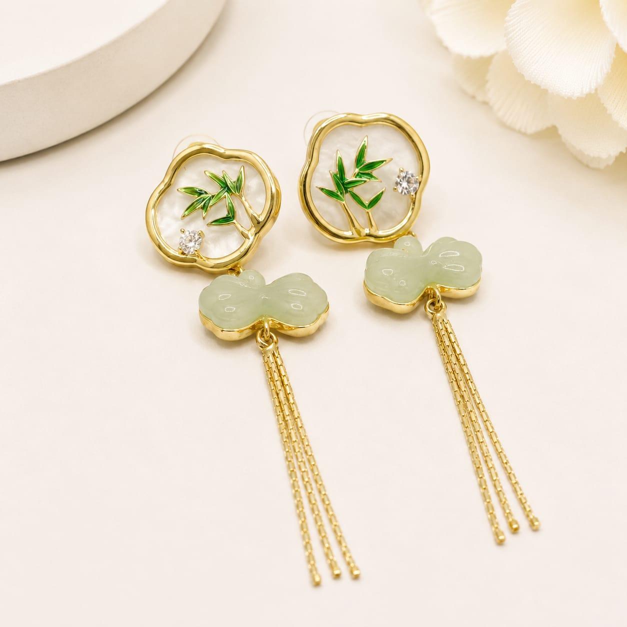 Green Floral Long Tassel Earrings