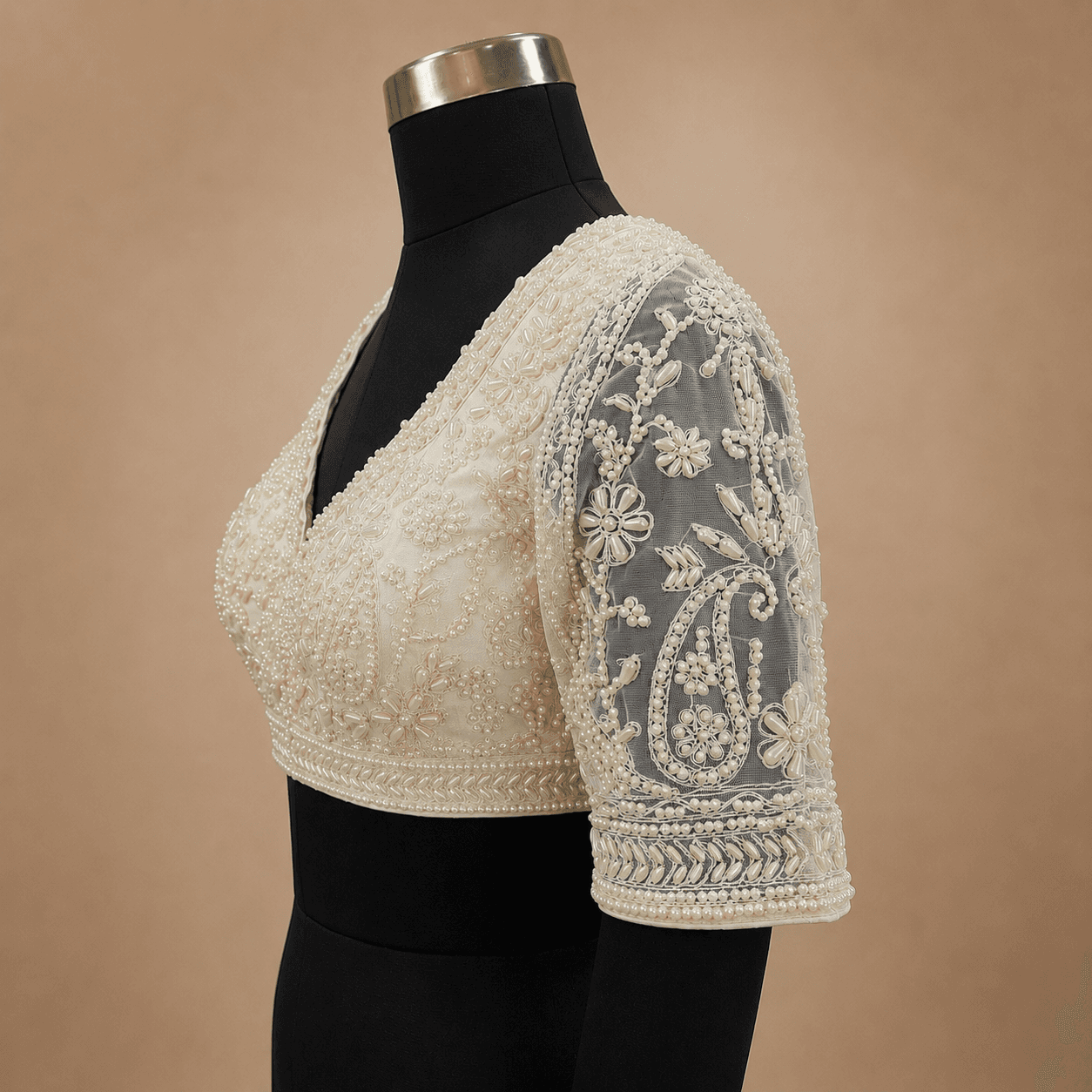 Ivory Embroidered V-Neck Sleeved Designer Blouse