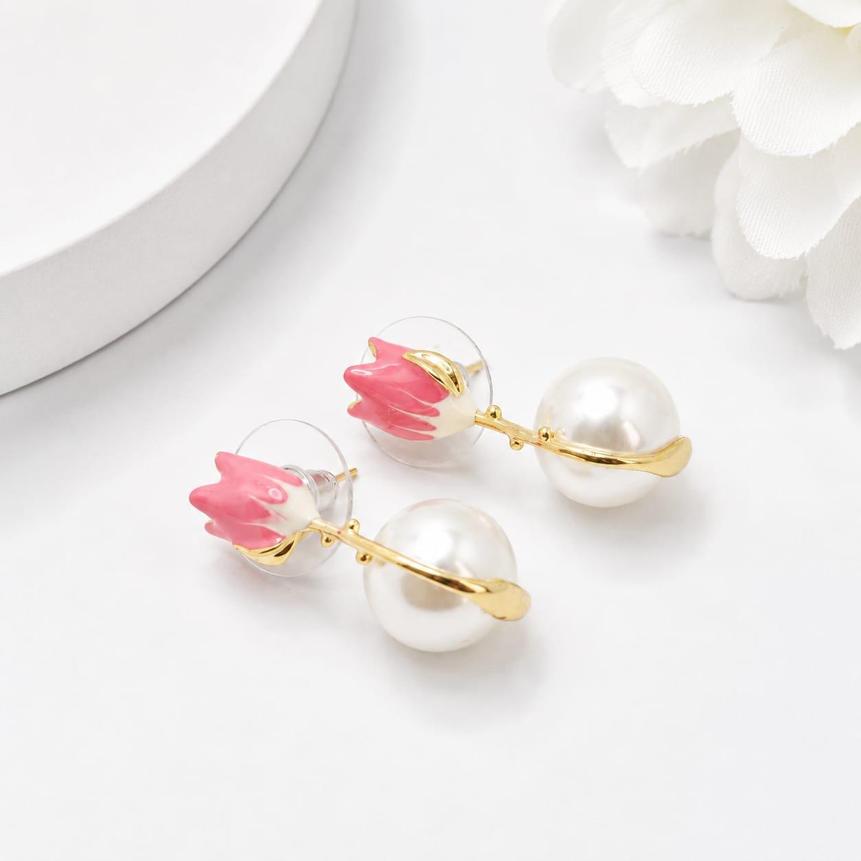 Pink Petal Pearl Drop Earrings