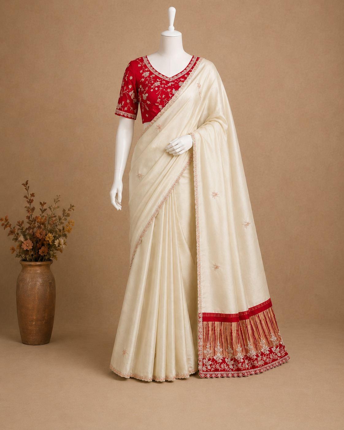 Cream Red Gold Traditional Designer Saree with blouse