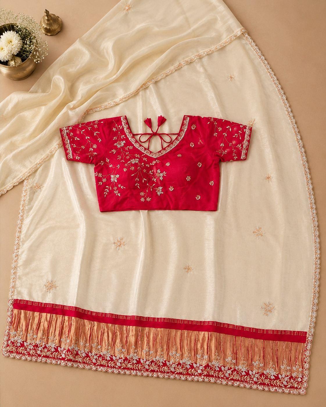 Cream Red Gold Traditional Designer Saree with blouse
