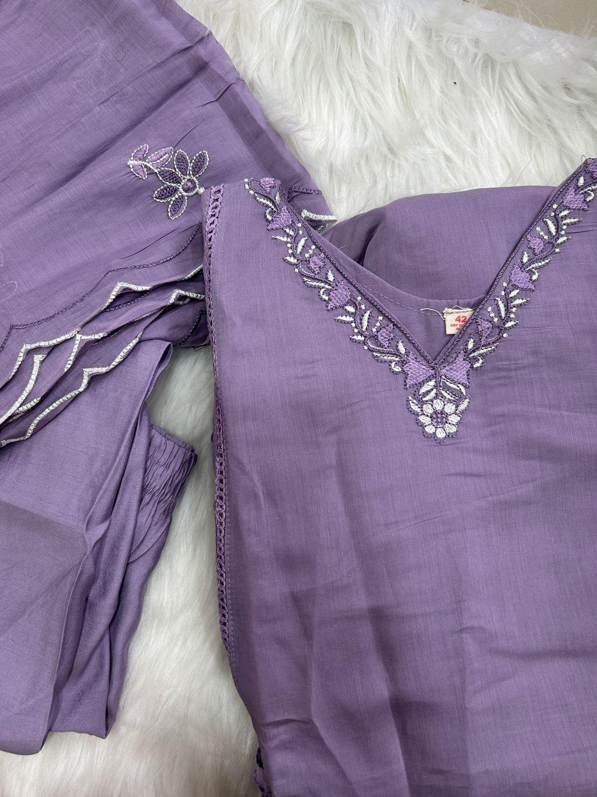 Lavender Embellished Kurti Set with Dupatta