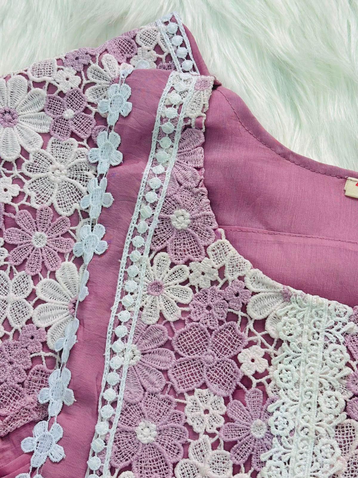 Pink White Embroidered Kurti Set with Dupatta
