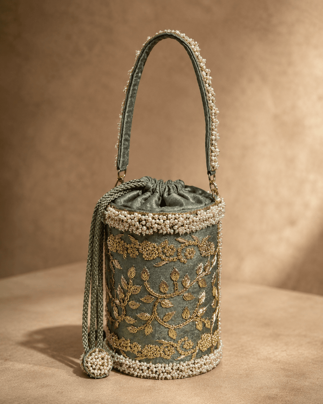 Teal Embellished Bucket Sling Bag