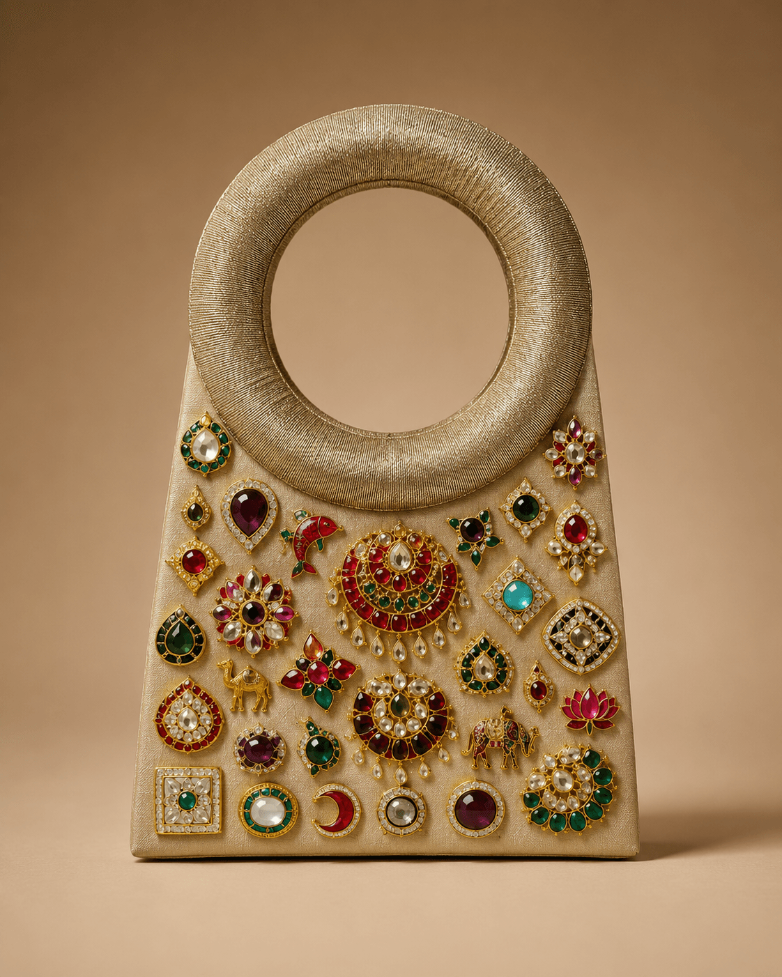 Cream Ring Handle Embellished Clutch
