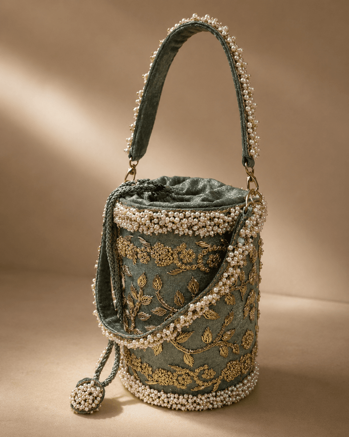 Teal Embellished Bucket Sling Bag
