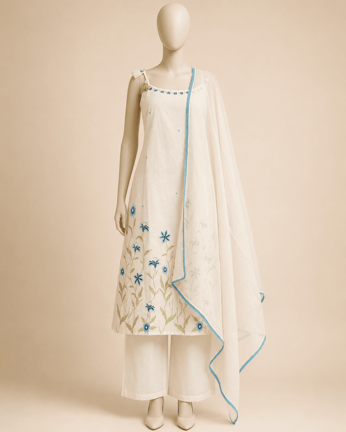 White and Blue Floral Kurti Set