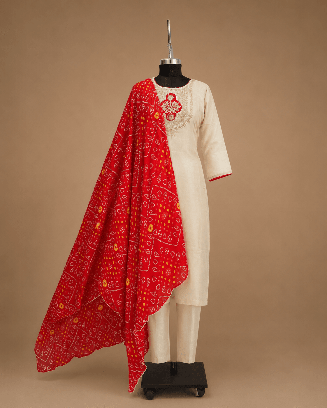 Ivory and Red Dupatta Kurti Set