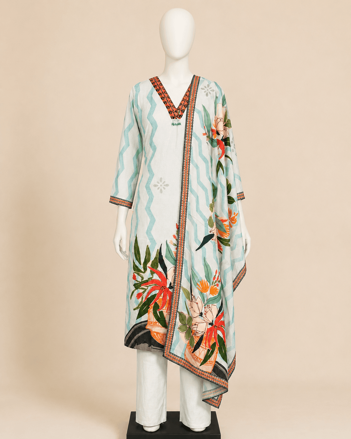 White Multicolour Floral Kaftan Kurti Set