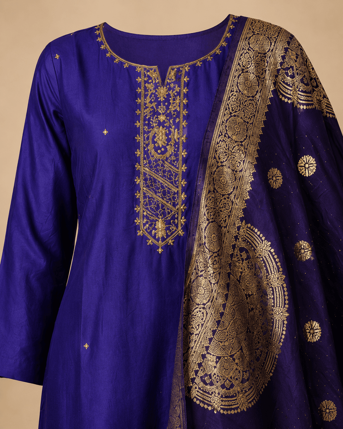 Royal Blue Gold Dupatta Kurti Set