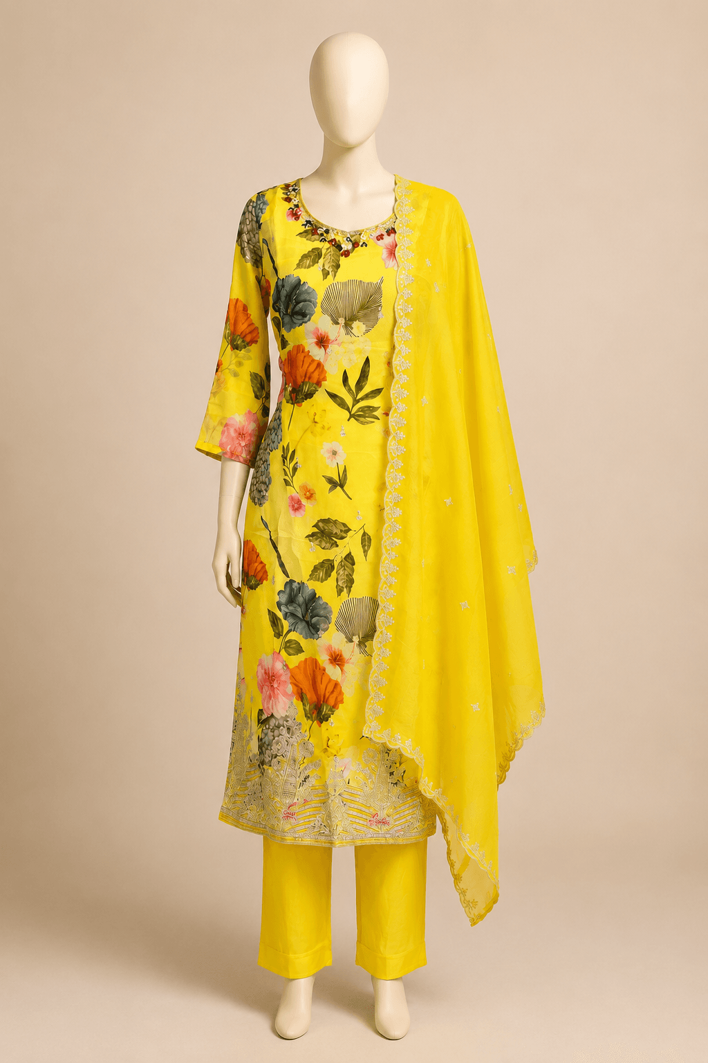 Yellow Multicolour Floral Kurti Set