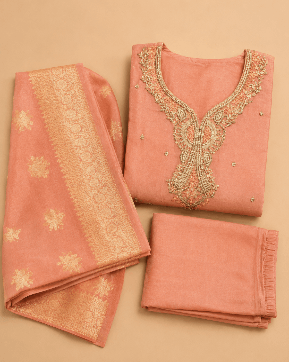 Peach Pink Embroidered Kurti Set