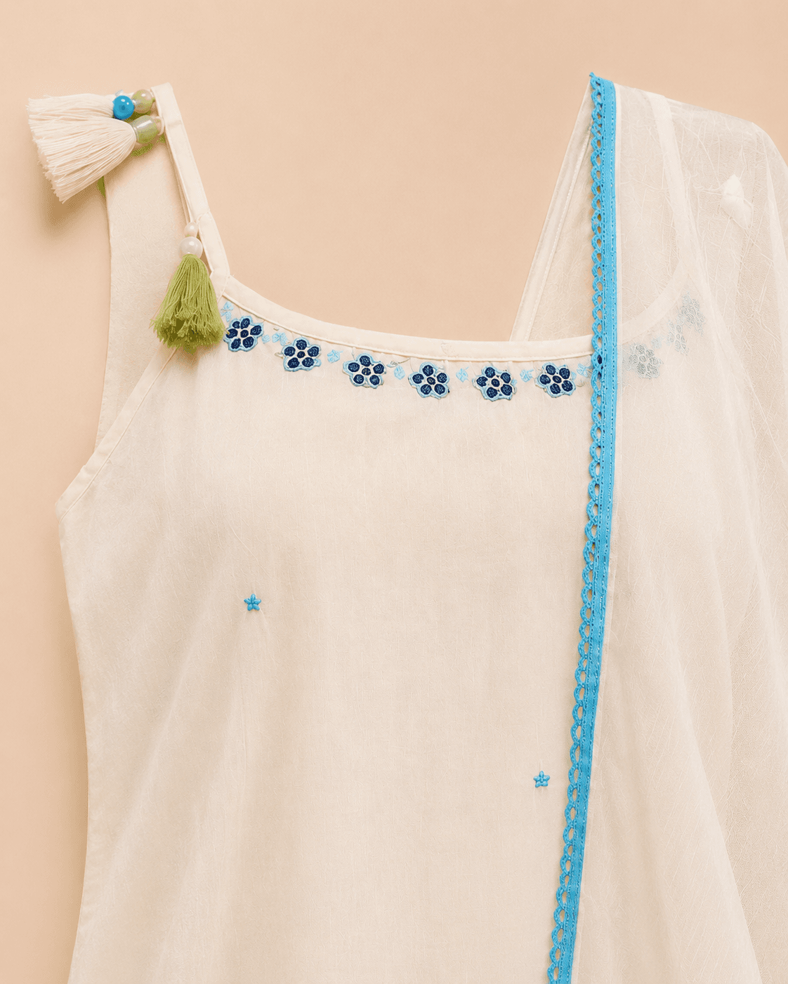White and Blue Floral Kurti Set