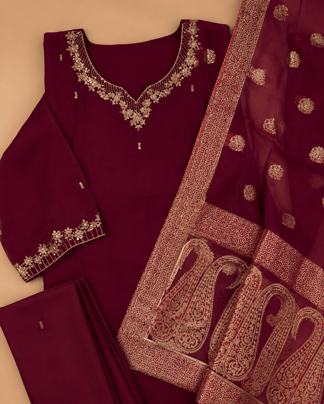 Maroon Gold Dupatta Kurti Set