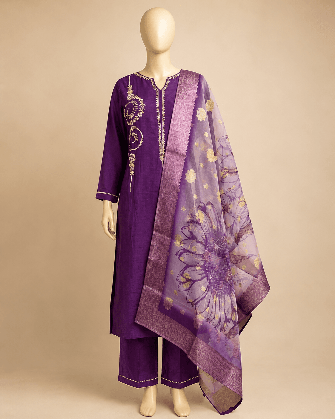 Purple Floral Dupatta Kurti Set