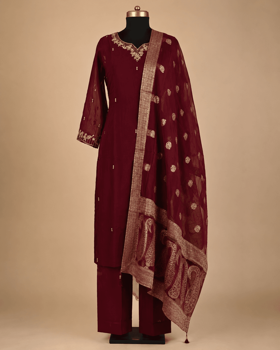 Maroon Gold Dupatta Kurti Set