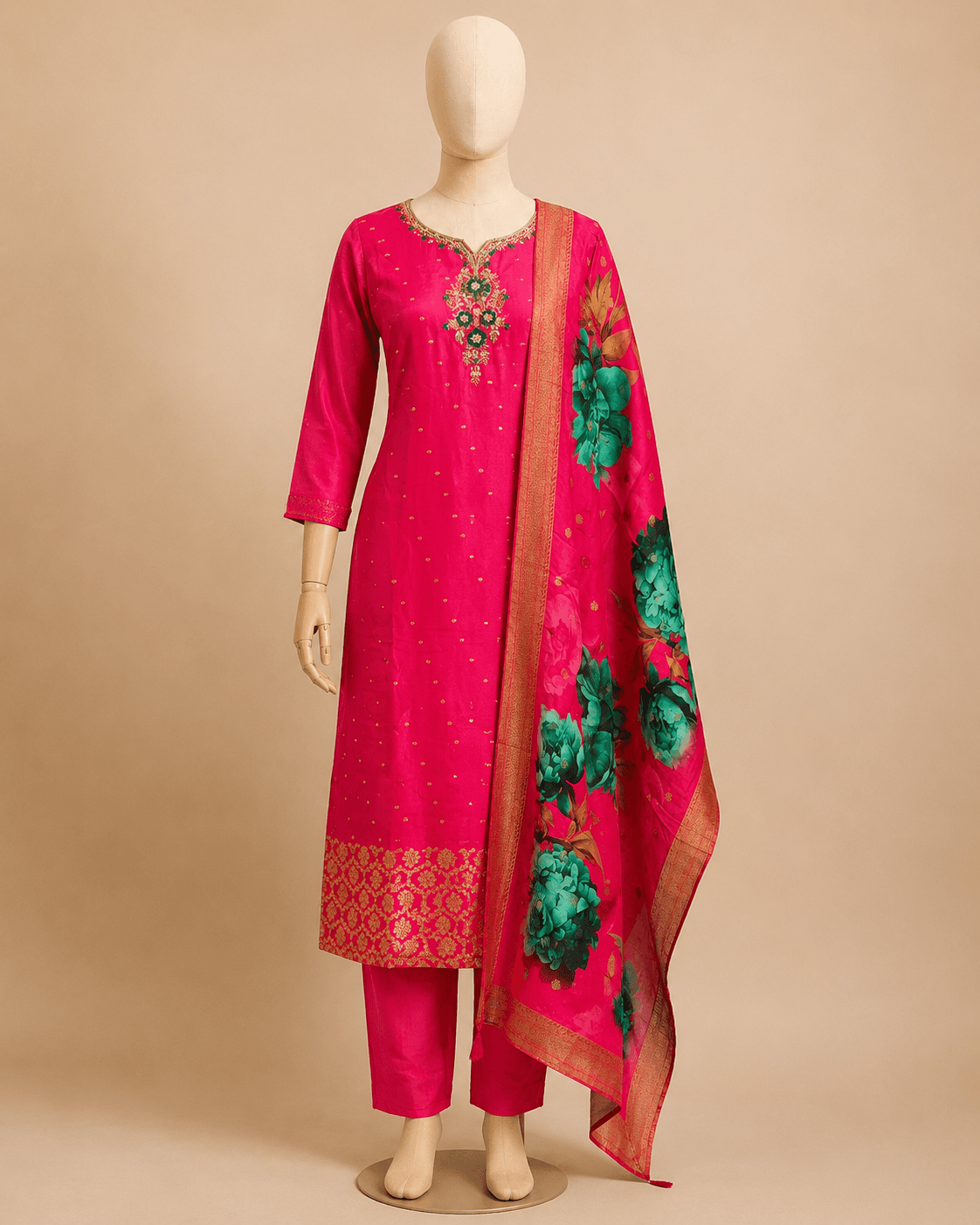 Fuchsia Pink Floral Dupatta Kurti Set