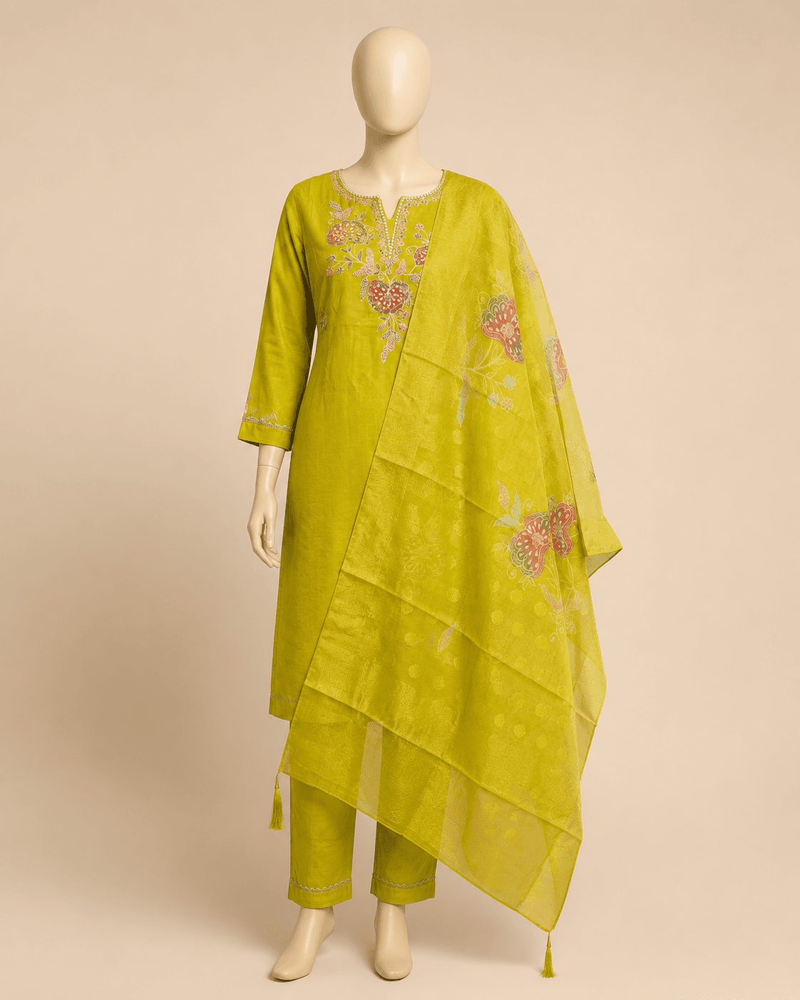 Lime Yellow Floral Kurti Set