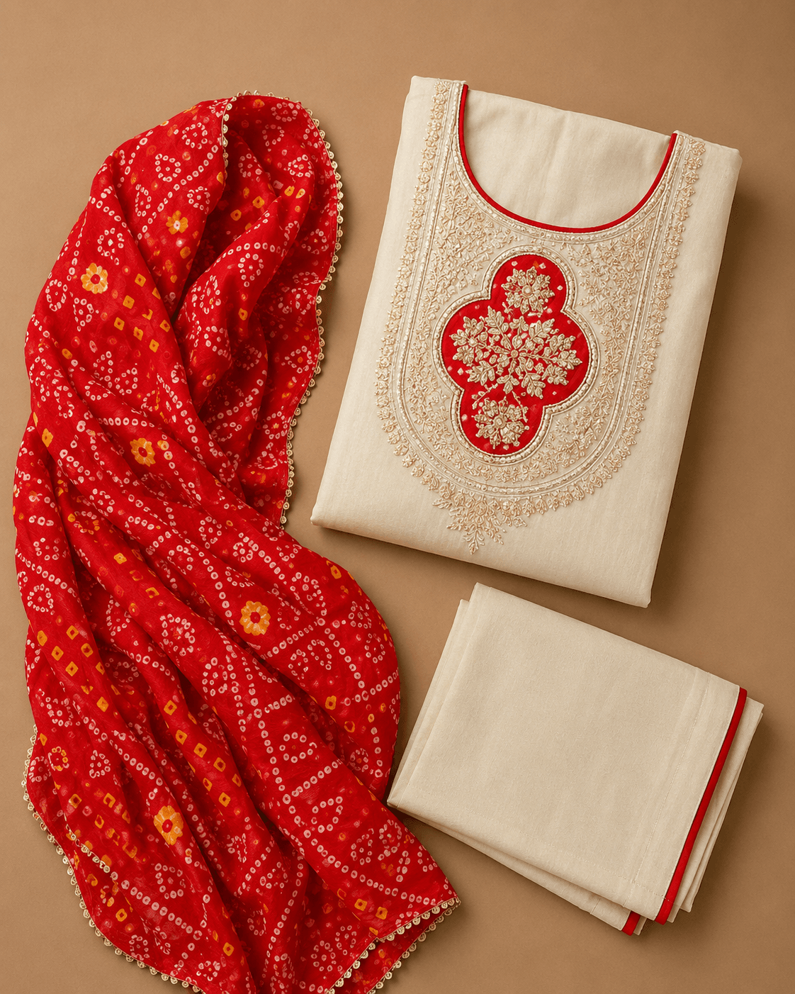 Ivory and Red Dupatta Kurti Set