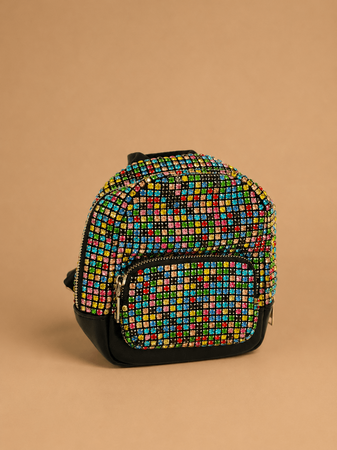 Black Multicolour Rhinestone Mini Backpack