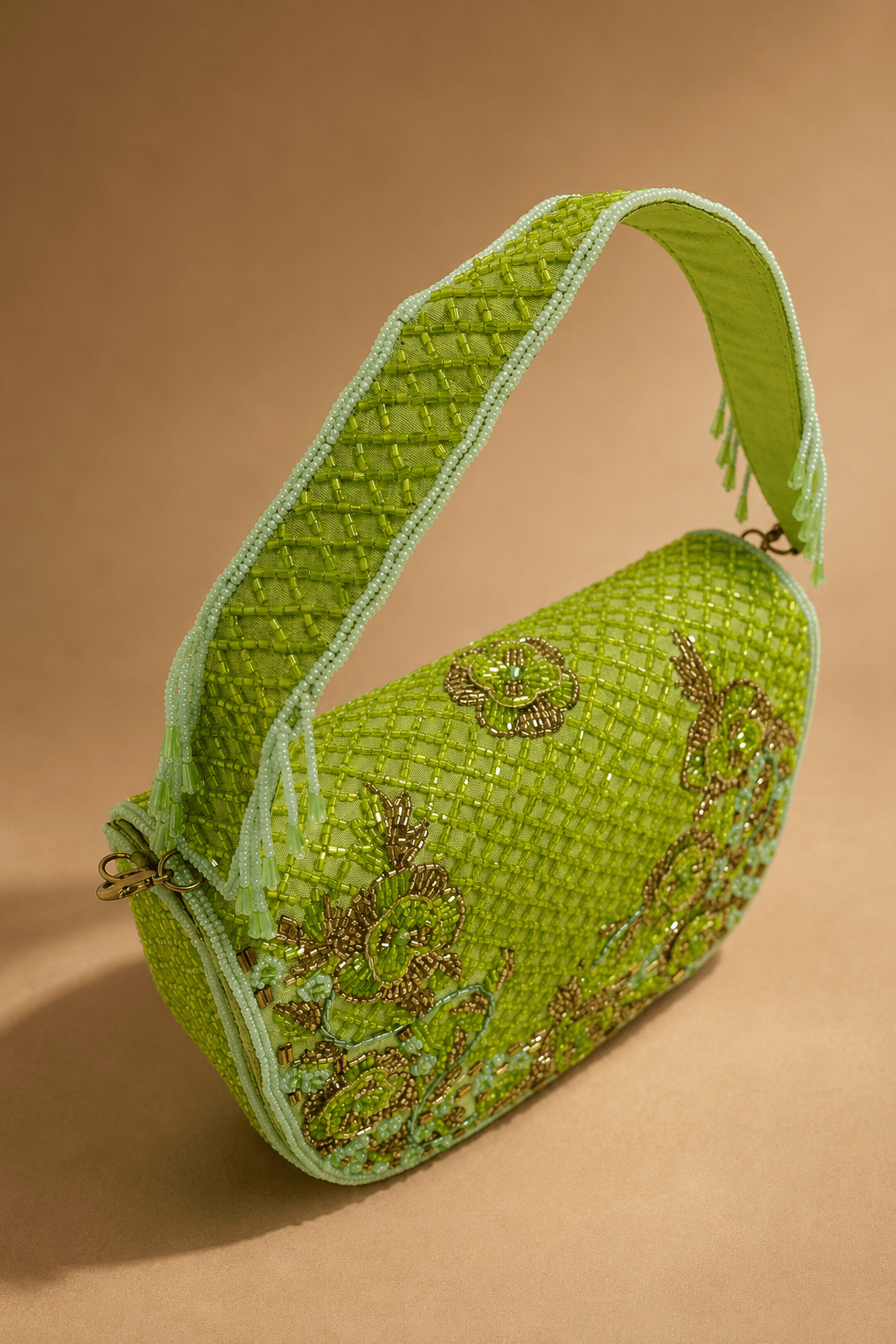 Lime Green Floral Beaded Shoulder Bag