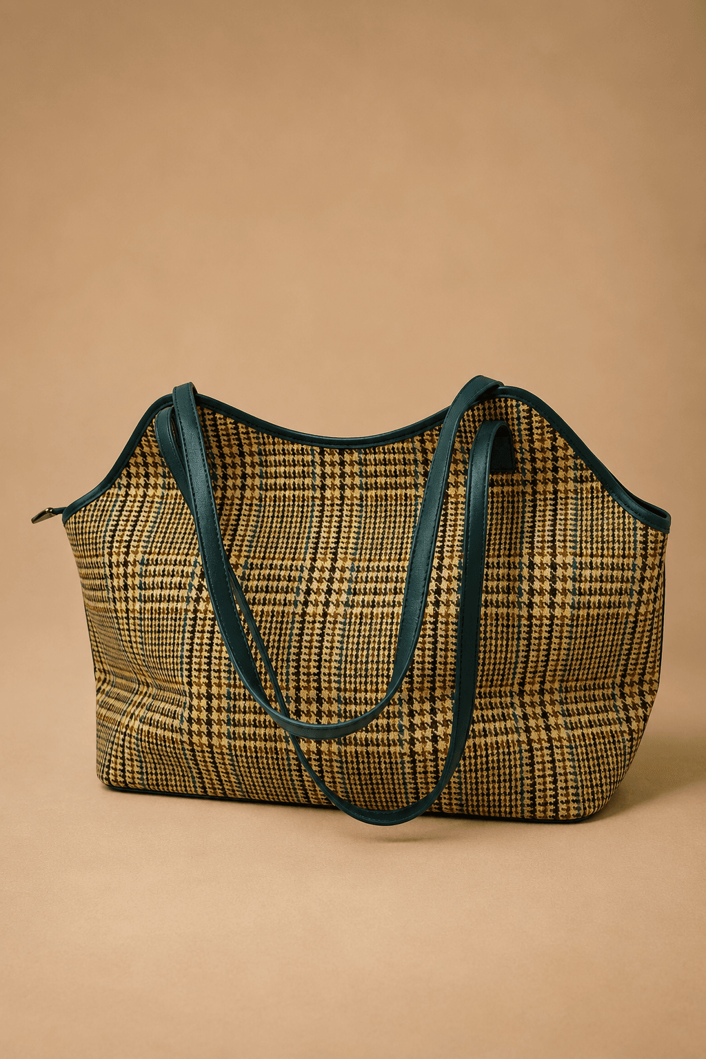 Beige Plaid Shopper Tote