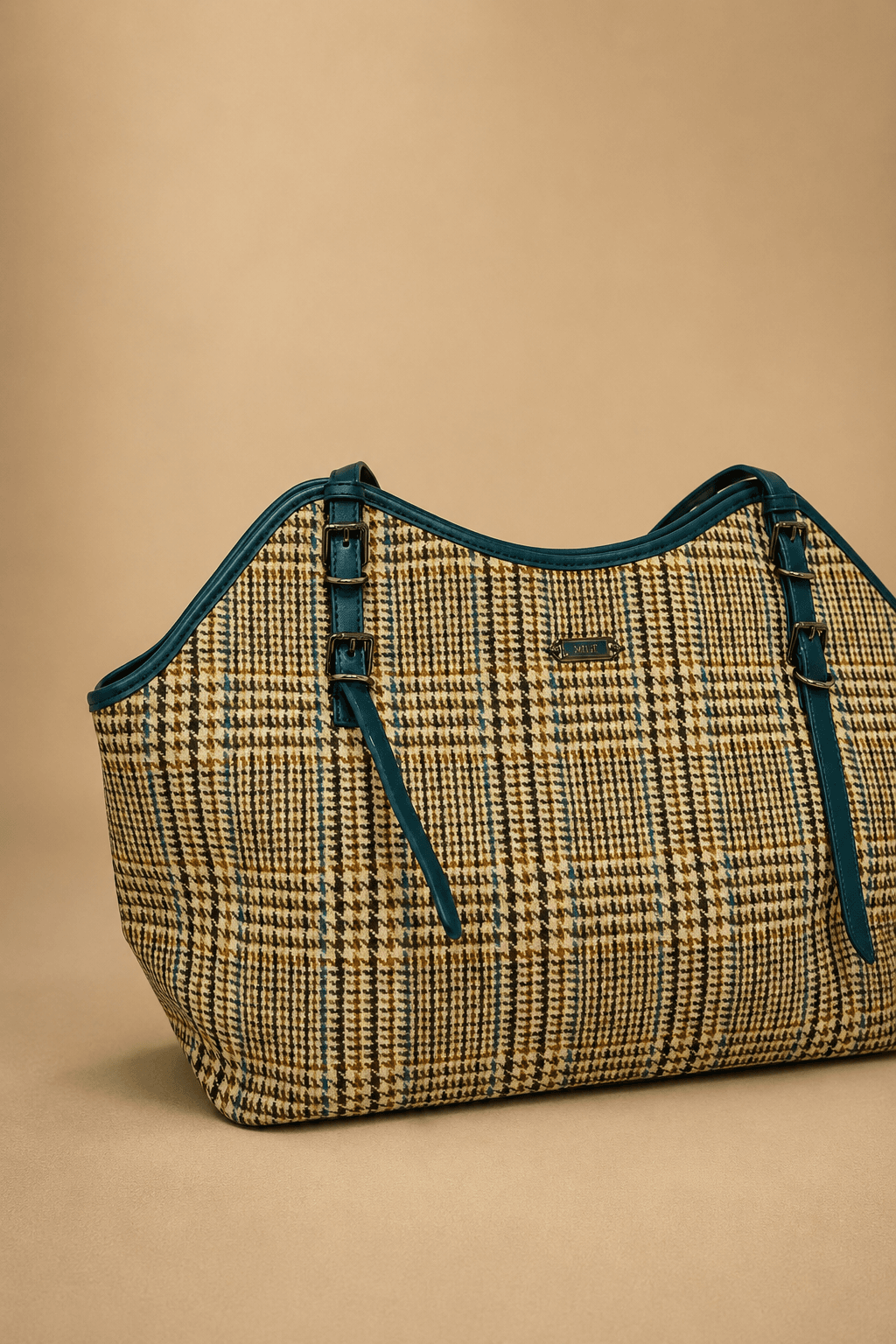 Beige Plaid Shopper Tote