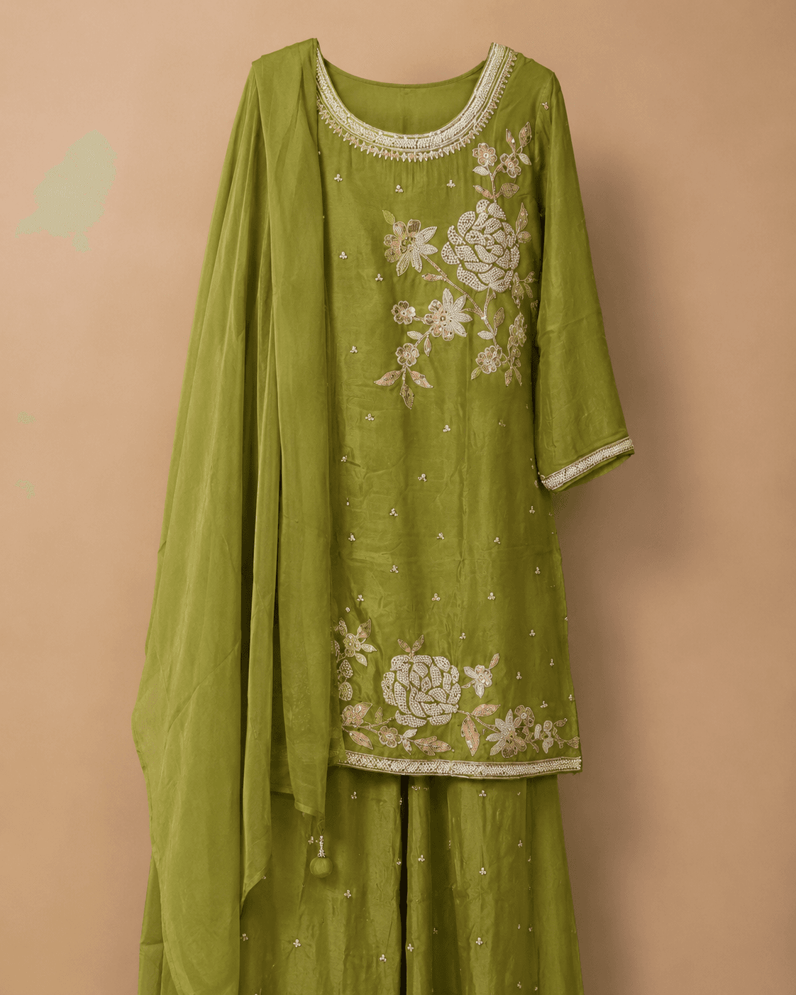 Lime Green Floral Embroidered Kurta Sharara Set