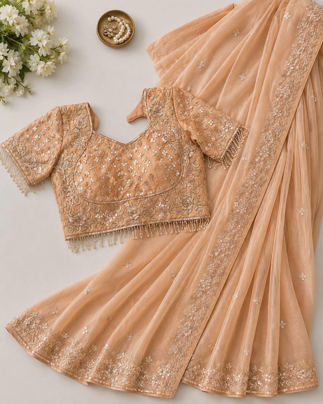 Champagne Beige Embroidered Designer Saree with blouse