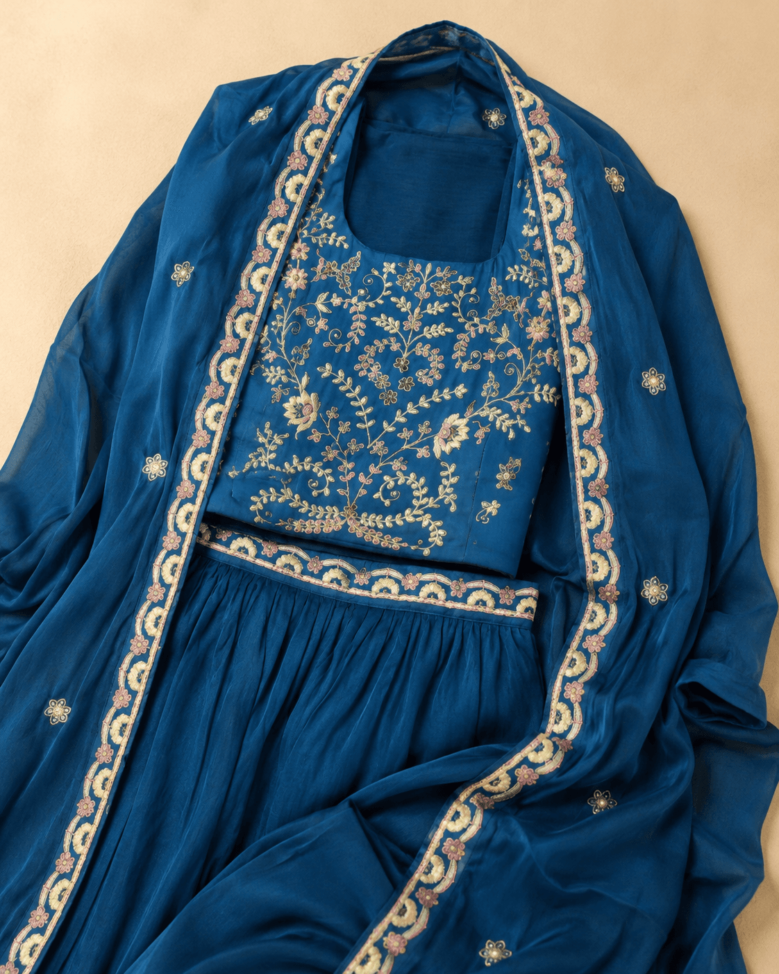 Peacock Blue Embroidered Long Jacket Lehenga Set