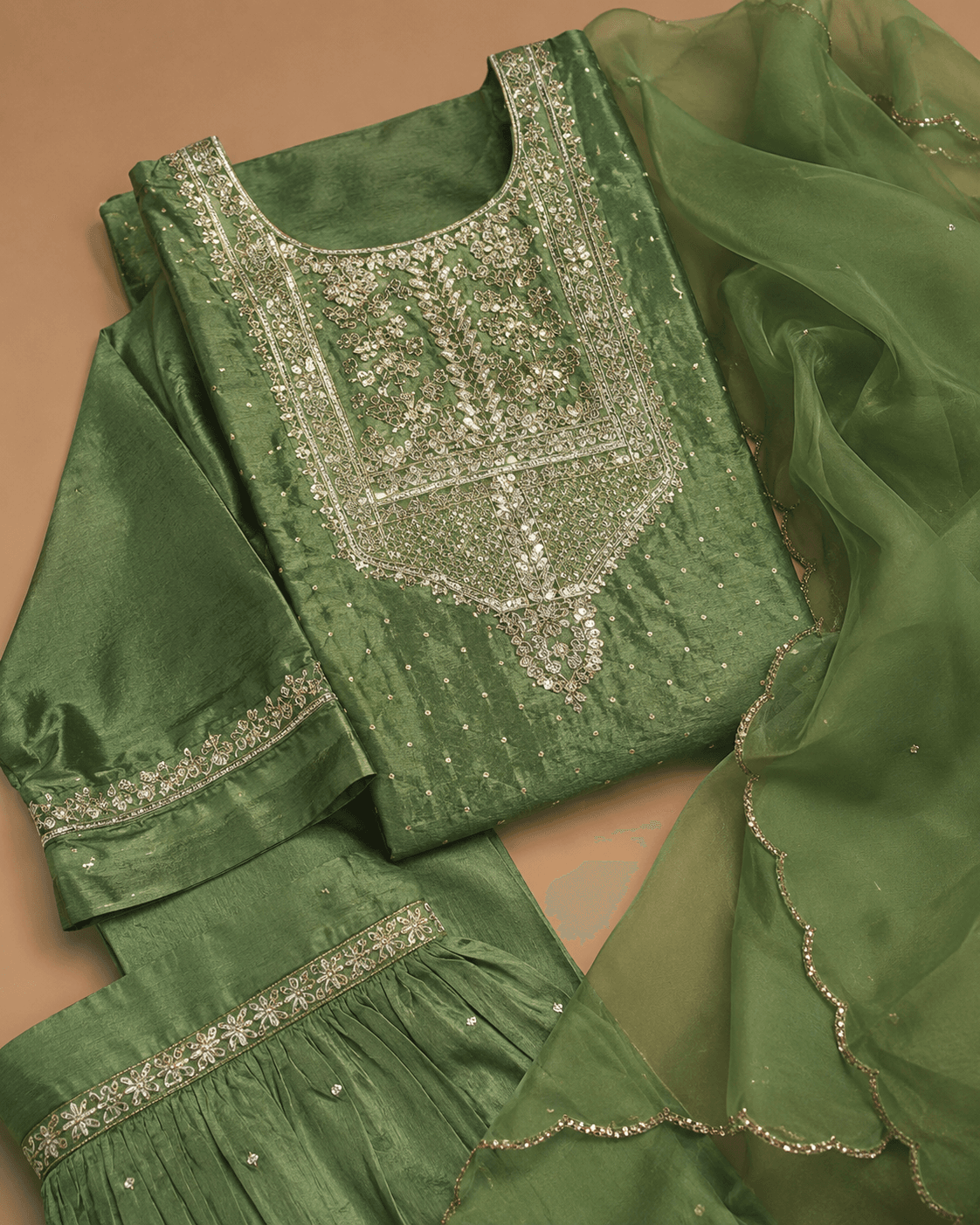 Olive Green Silver Embroidered Kurti Sharara Set
