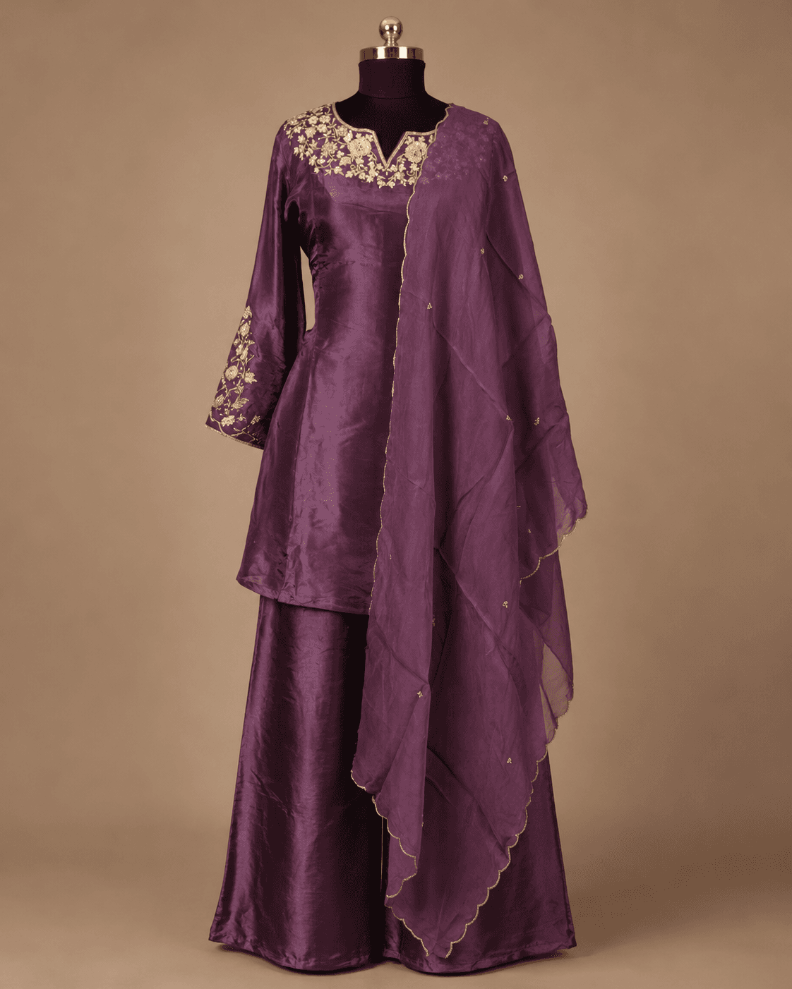 Mauve Purple Embroidered Kurta Palazzo Set