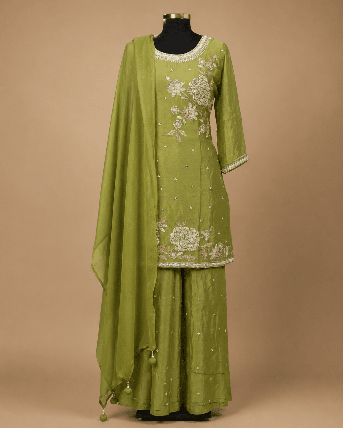 Lime Green Floral Embroidered Kurta Sharara Set