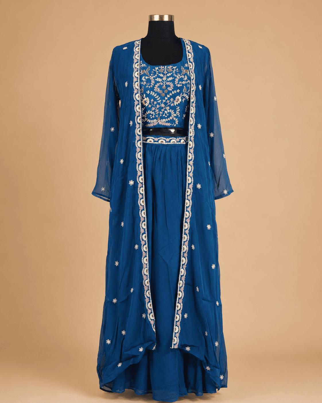 Peacock Blue Embroidered Long Jacket Lehenga Set