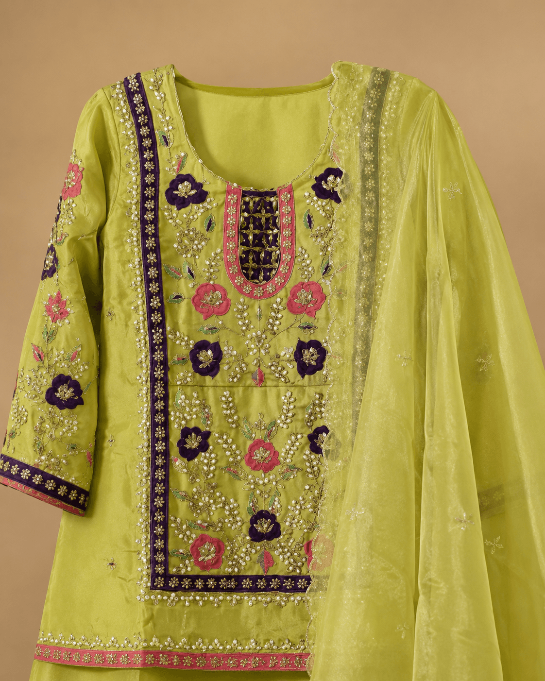 Lime Green Mirror Work Kurti Sharara Set