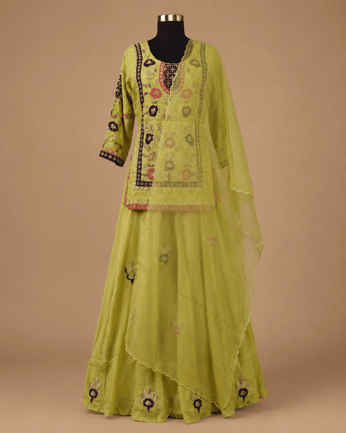 Lime Green Mirror Work Kurti Sharara Set