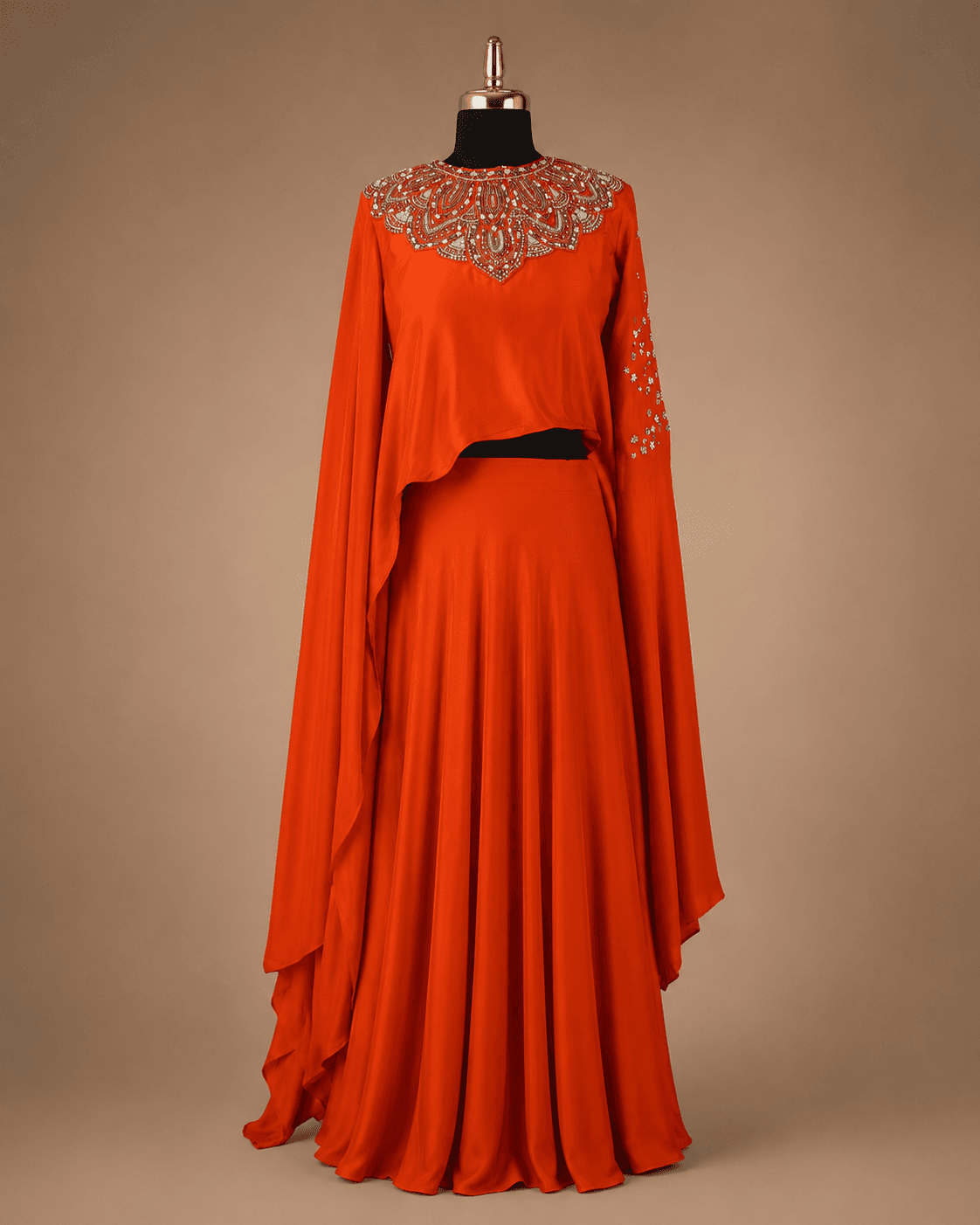 Tangerine Orange Embroidered Cape Lehenga Set