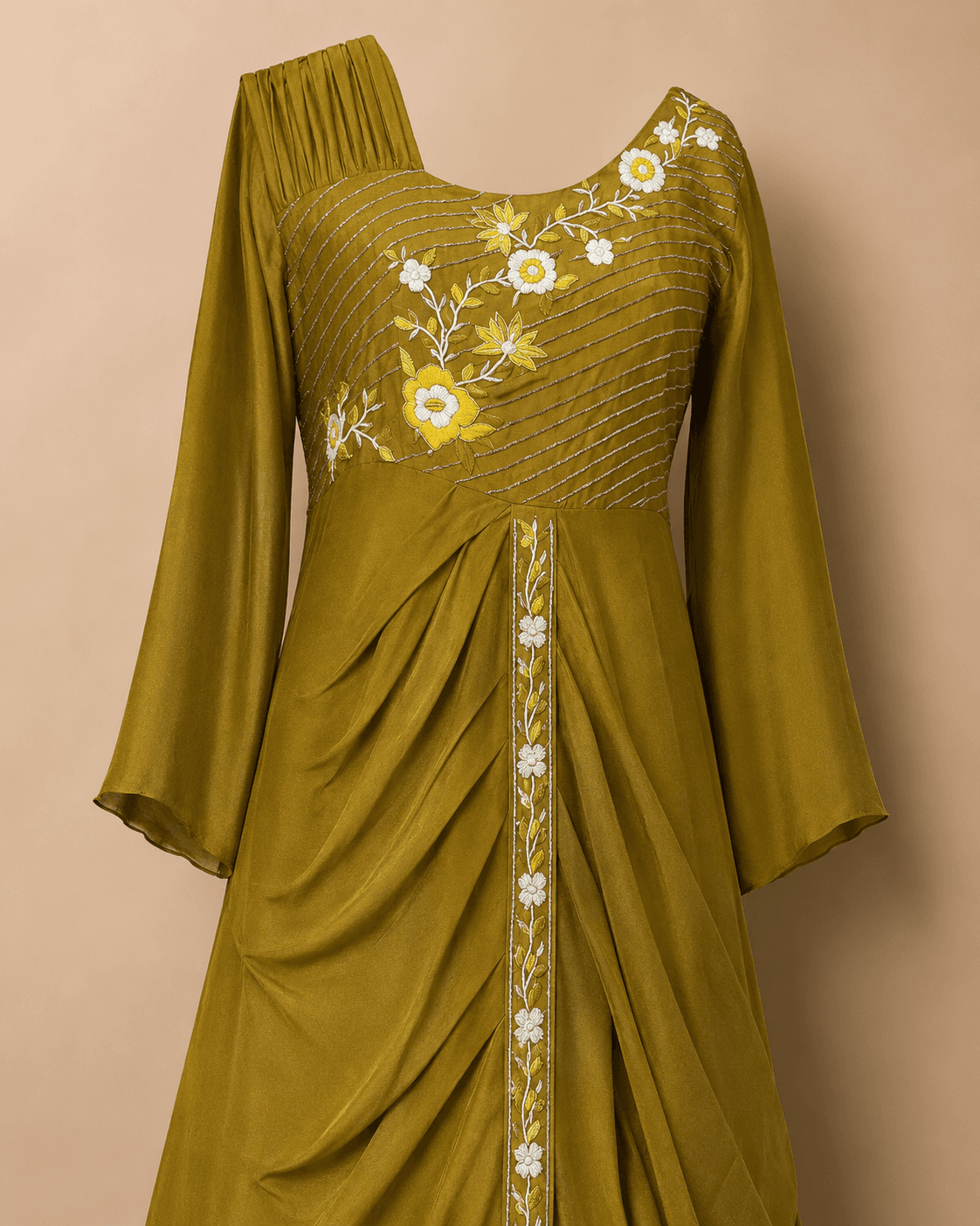 Olive Green Floral Embroidered Asymmetric Drape Gown