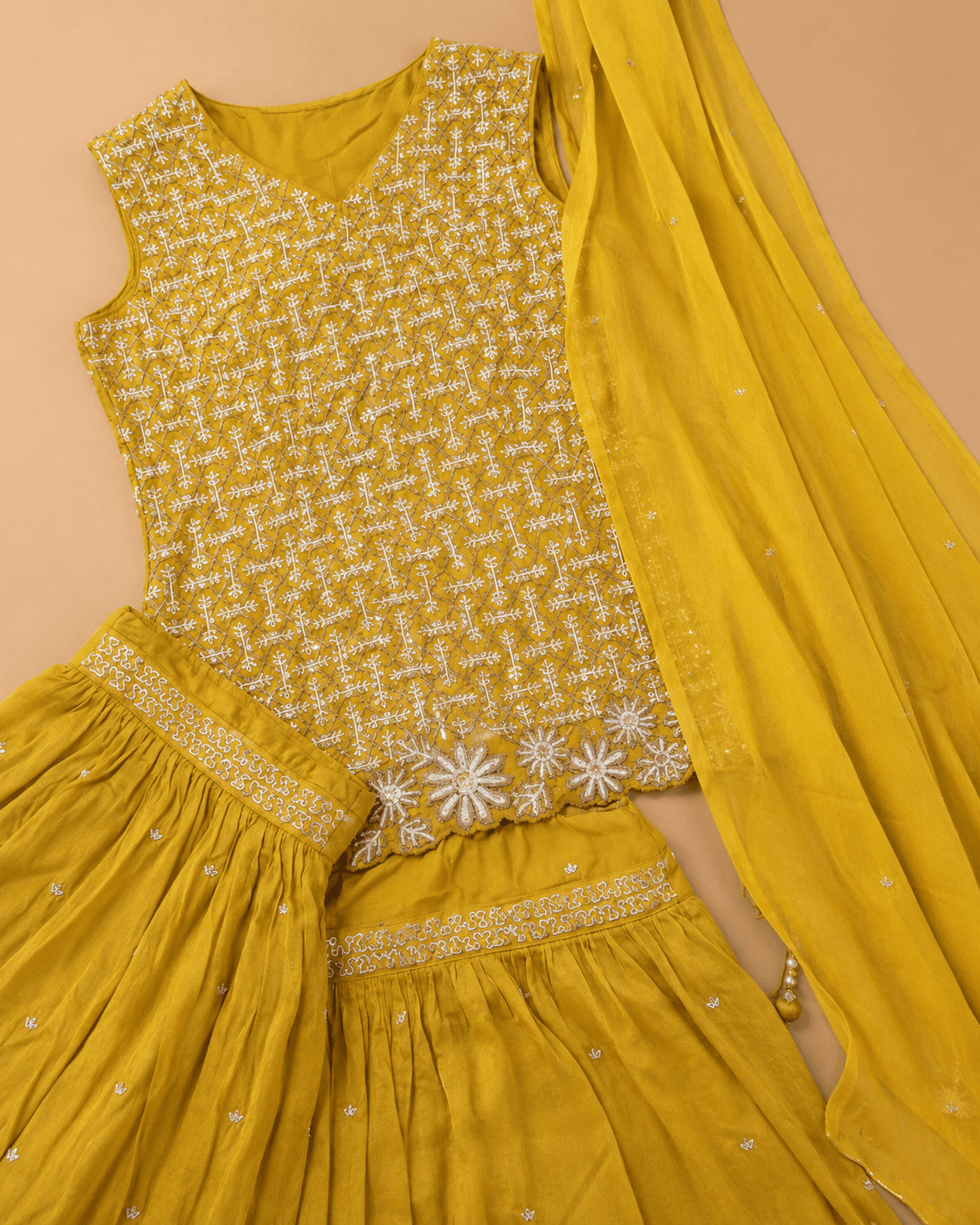 Mustard Yellow Mirror Work Sharara Set