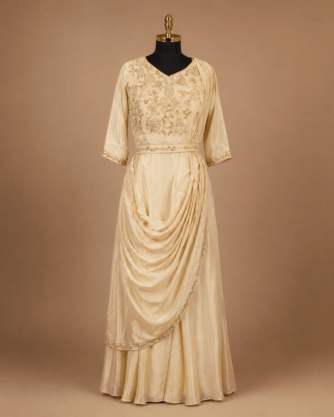 Ivory Floral Embroidered Drape Skirt Set