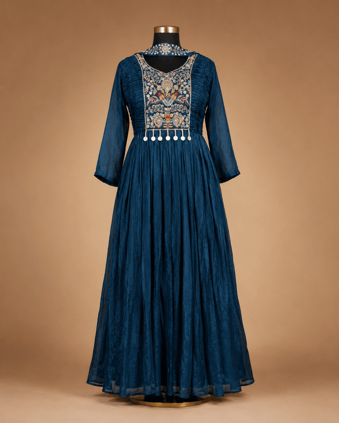 Teal Blue Multicolour Embroidered Anarkali Gown