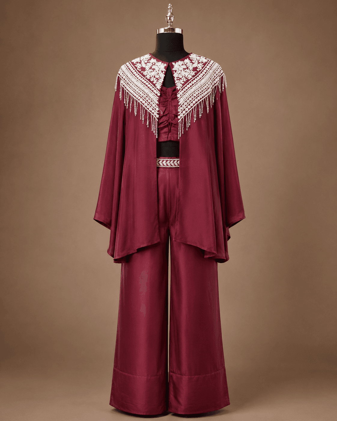 Wine Maroon Sequin Embellished Cape Palazzo Set