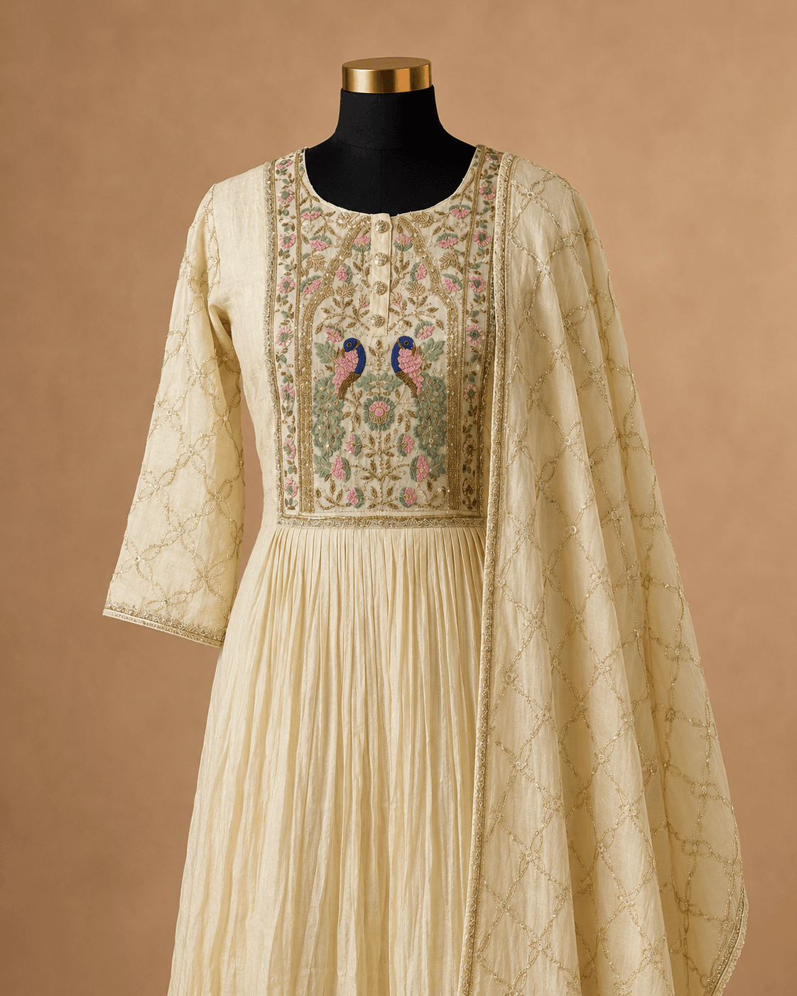 Ivory Peacock Embroidered Anarkali Gown Set