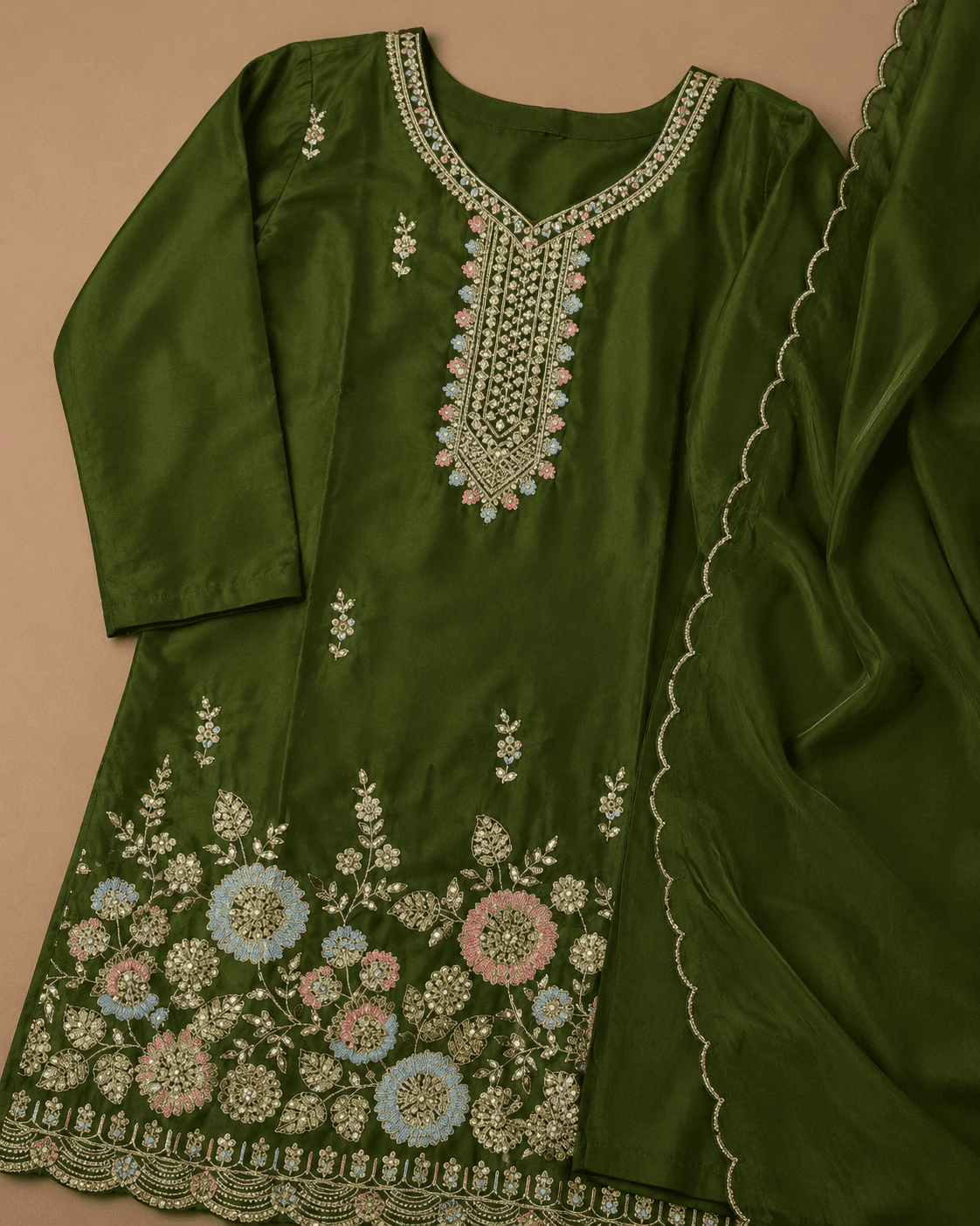 Olive Green Floral Embroidered Sharara Set