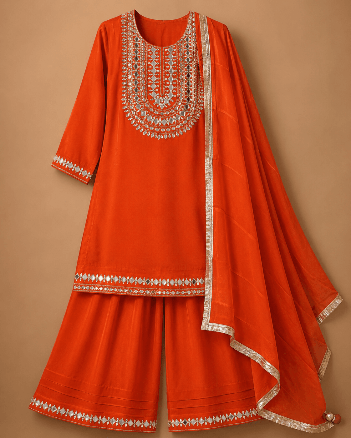 Burnt Orange Mirror Embroidered Palazzo Set