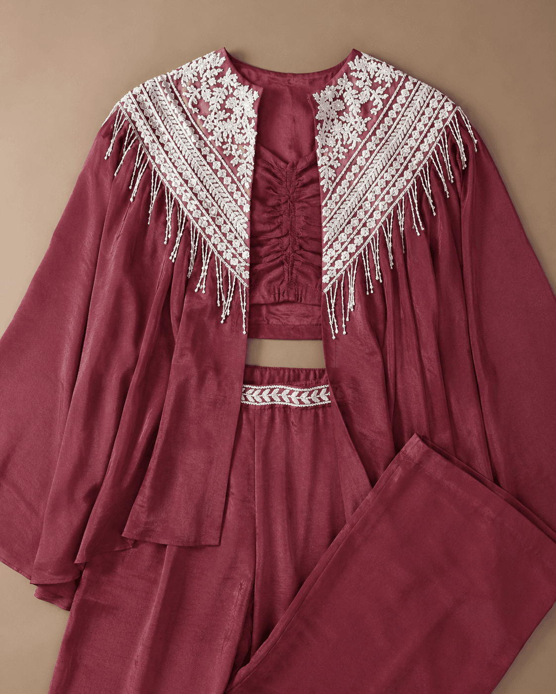 Wine Maroon Sequin Embellished Cape Palazzo Set