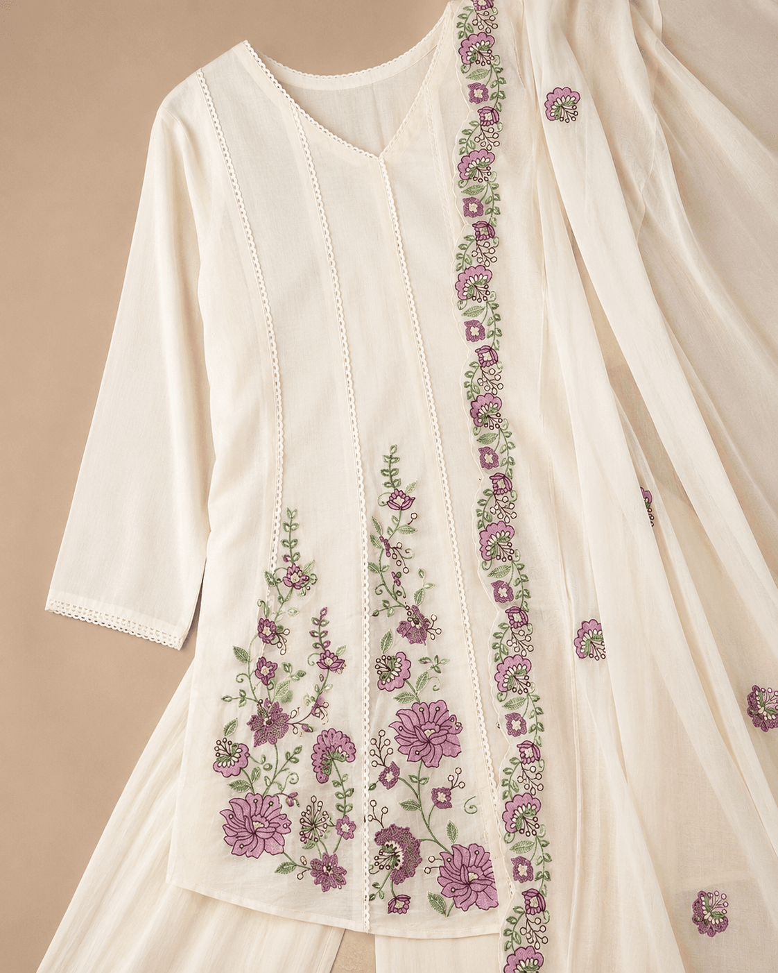 Ivory Floral Embroidered Asymmetric Kurta Palazzo Set